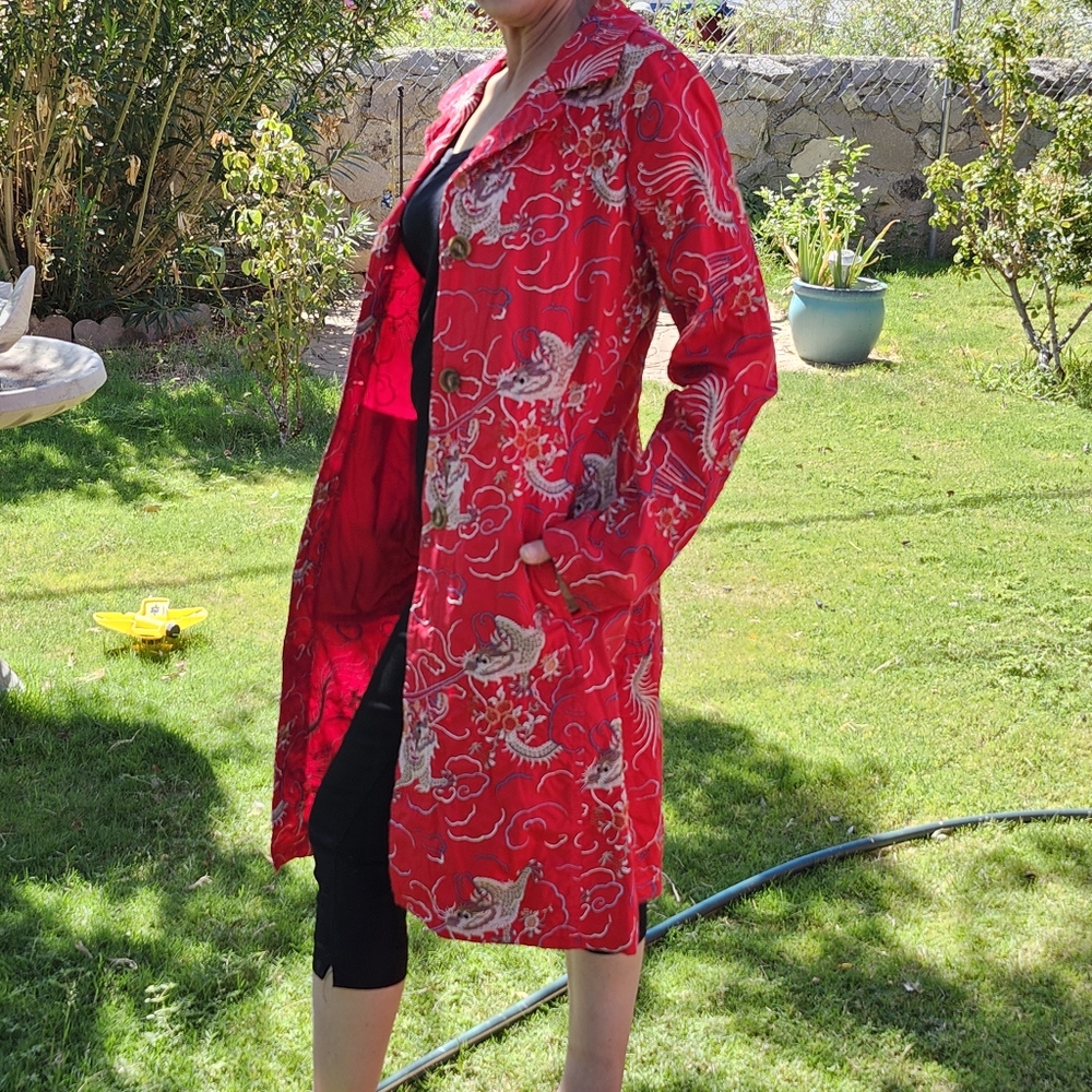 Johnny Was Embroidered RED Orient Dragon Long Coat Duster RARE Size Small